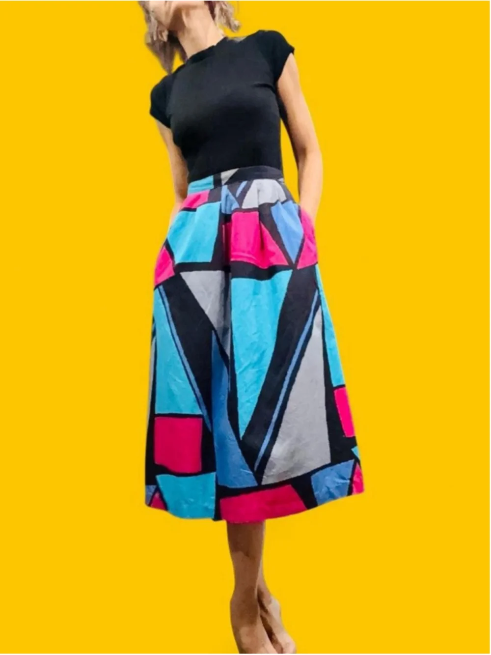 Vintage 1980s Jonathan Martin Naturals Geometric Colorblock Midi Skirt Pockets